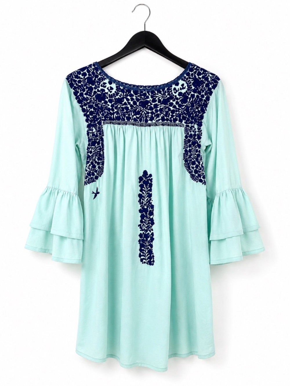 Mi Golondrina Long Ruffle Sleeve Embroidered Mini Dress Turquoise Blue Small